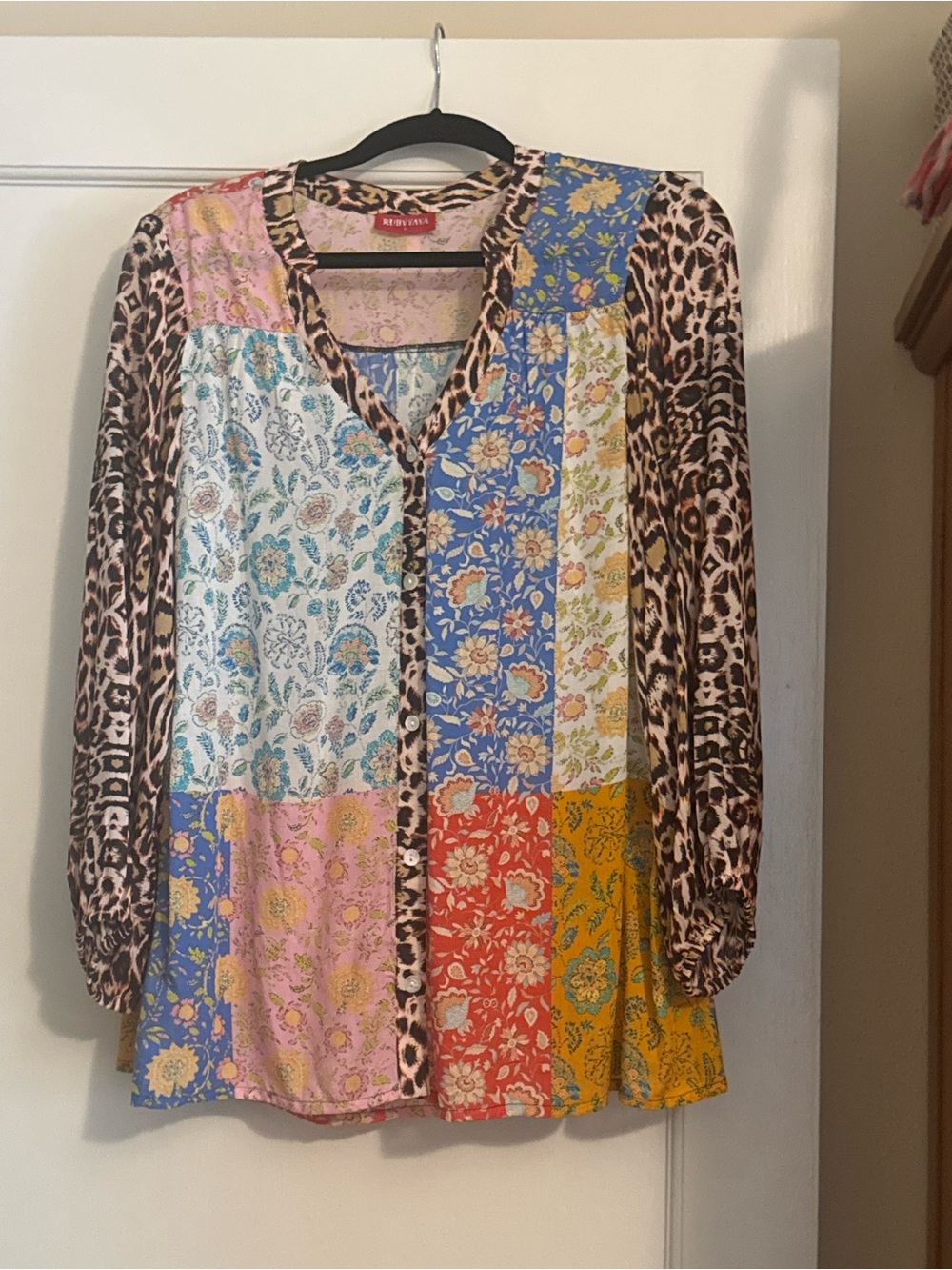 Ruby Yaya Multicolor Patchwork Button-Front Women's Blouse